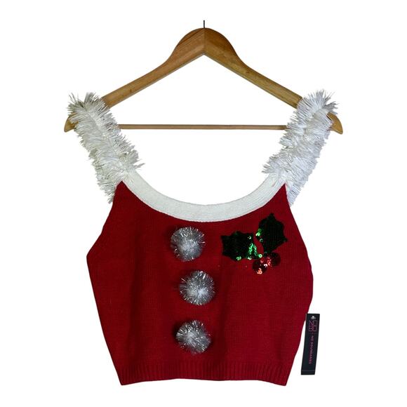NWT No Boundaries Christmas Sweater Crop Top Womens M Red Holly Sequin Holiday - Picture 1 of 6